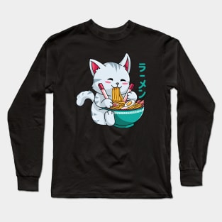 Kawaii Cat Eating Ramen Noodles Long Sleeve T-Shirt